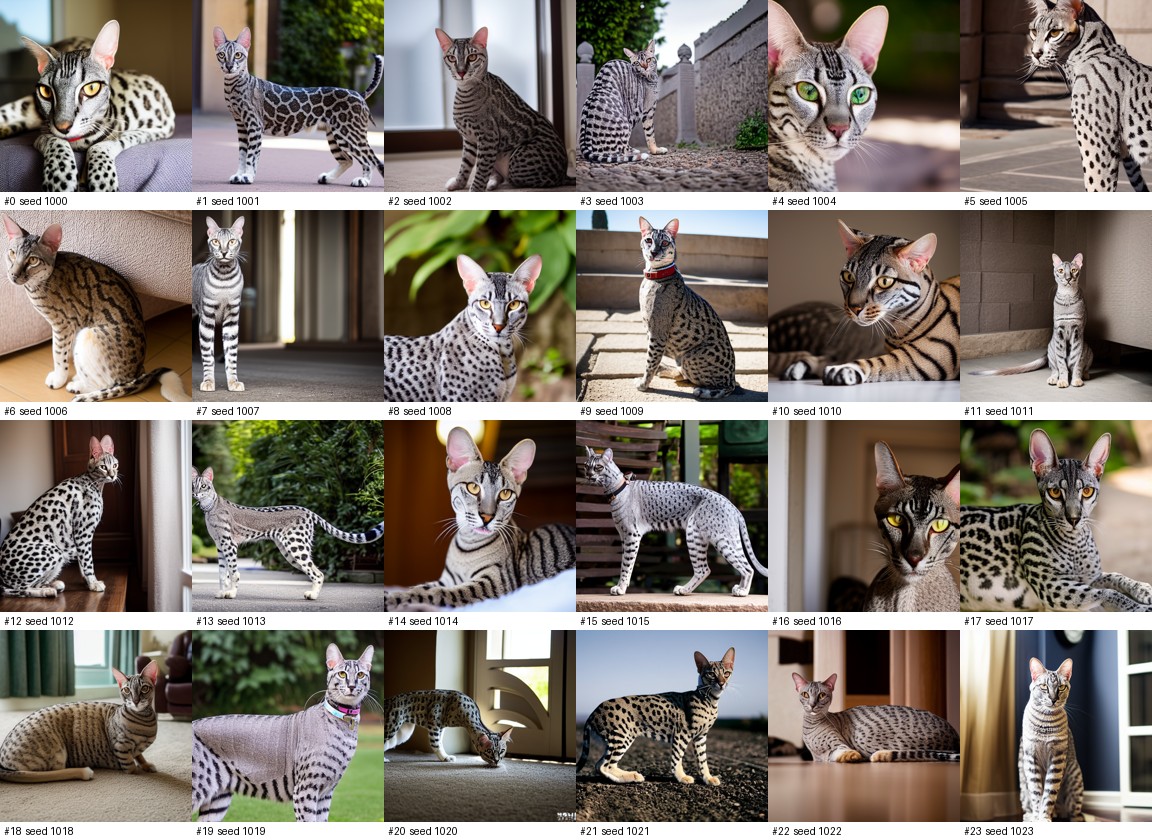 Contact sheet of 24 generated Egyptian Mau candidates with varied quality