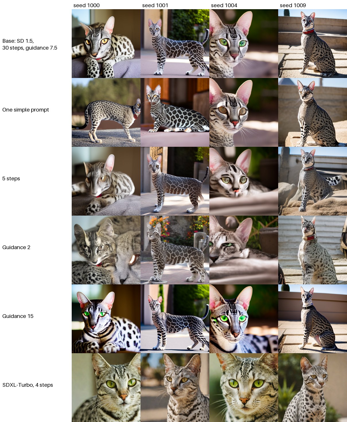 The same four seeds generated with the base settings, one simple prompt, 5 steps, guidance 2, guidance 15, and SDXL-Turbo
