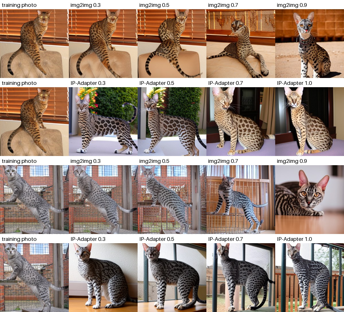 Two Egyptian Mau training photos, each with its image-to-image results at four strengths and its IP-Adapter results at four scales