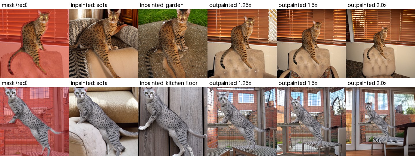 Two Egyptian Mau training photos, each with its background mask, inpainted backgrounds, and outpainted versions at three scales