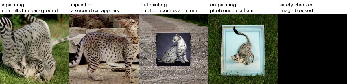 Typical failures: the coat pattern spreading into an inpainted background, a second cat, an outpainted photo turned into a picture or put inside a frame, and an image blocked by the safety checker